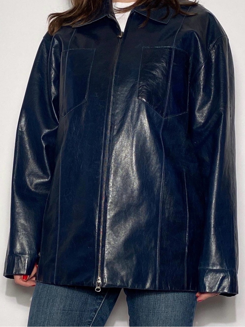 Womens Danier Navy Zip-Front Leather Jacket